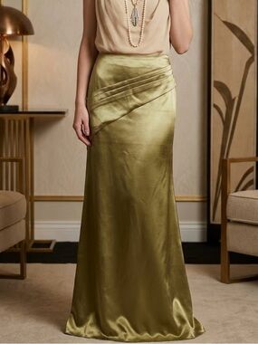 Elegant Satin Olive Green Long Women's Skirt